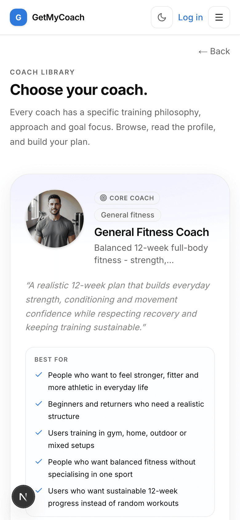 GetMyCoach coach library showing specialist coaches and their philosophies