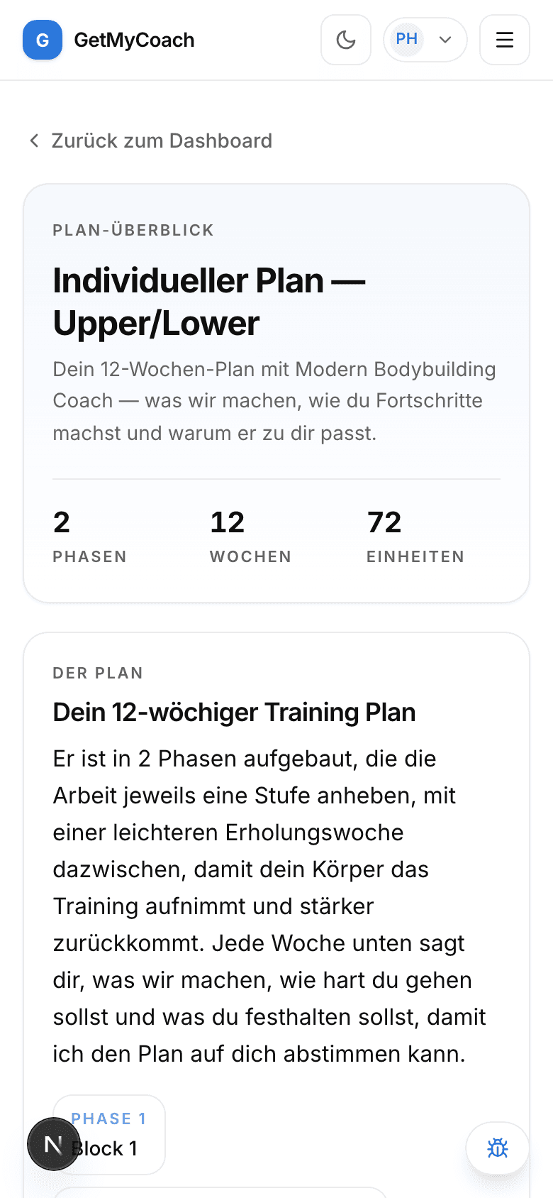 Eine GetMyCoach-Planerklärung auf dem Smartphone — die Begründung des Coaches und wie der Plan zum Sportler passt