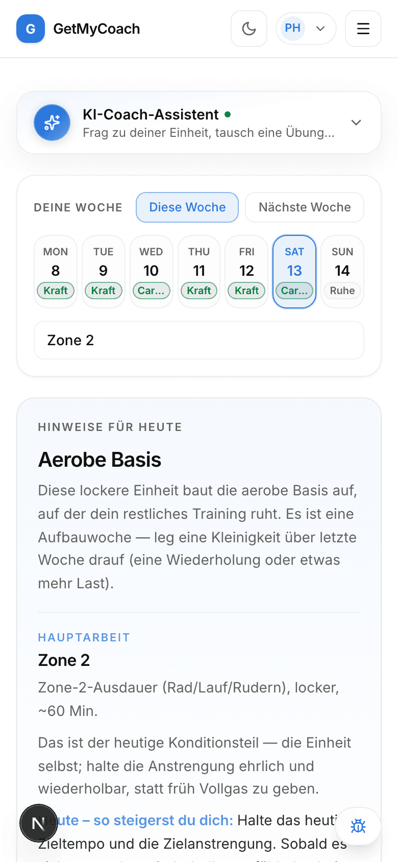 Eine GetMyCoach-Trainingseinheit auf dem Smartphone — die Anleitung für heute, die Hauptarbeit und wie du steigerst